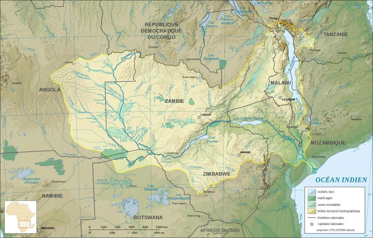 peta Zambia menunjukkan sungai dan tasik
