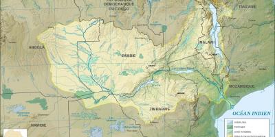 Peta Zambia menunjukkan sungai dan tasik